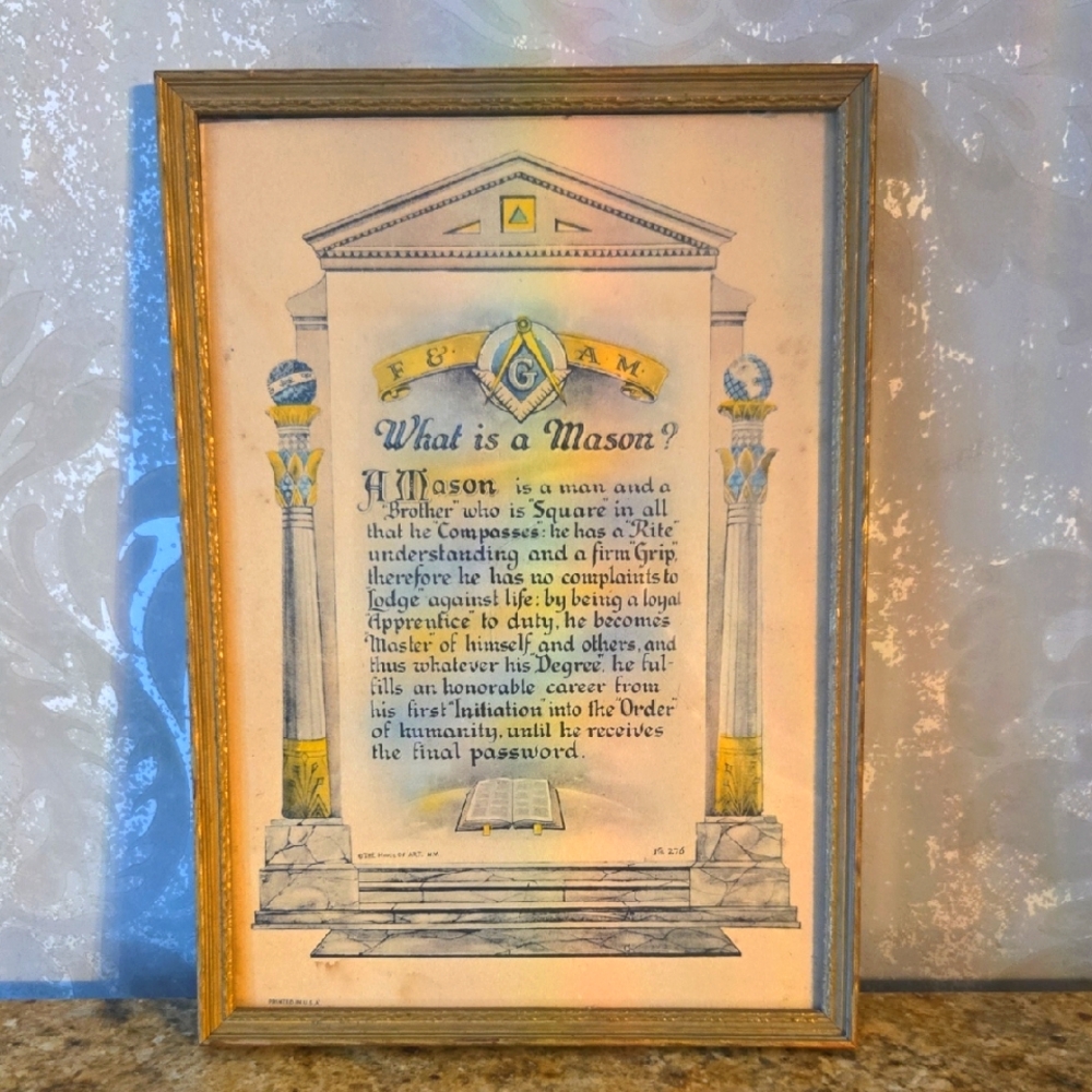 Framed Masonic Art Print with Gold and Blue Accents